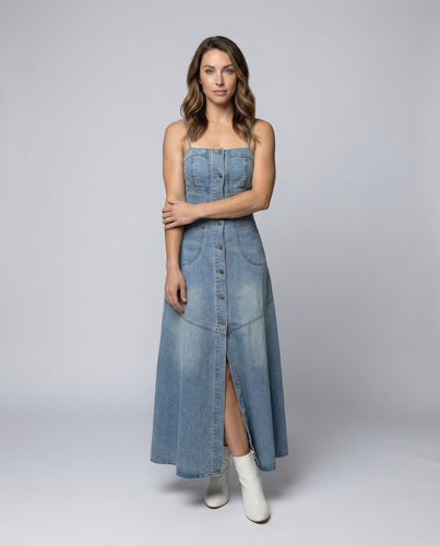 Damen Jeansstoff-Bustier-Maxikleid Verdeckte Knopfleiste