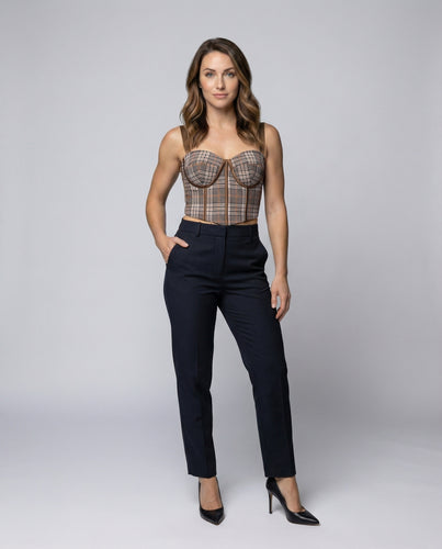 Damen Karo-Bustier Bügelcups Kunstlederpaspel