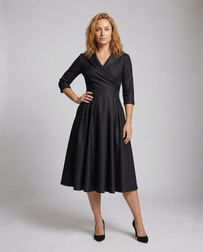 Damen Midikleid Schalkragen Voluminöser Tellerrock