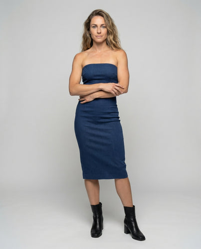 Damen Jeans-Midikleid Trägerlos Figurformend