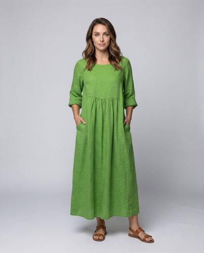 Damen Leinenmaxikleid Unterbrustnaht Dreiviertelärmel