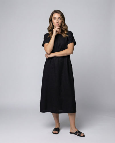 Damen Leinenmix-Midikleid Schiffsausschnitt