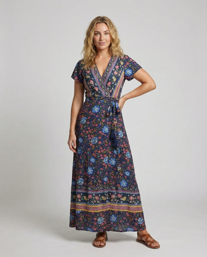 Damen Wickel-Maxikleid Florale Bordürenoptik