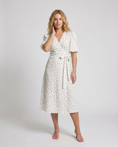 Damen Wickel-Midikleid Baumwollgaze Puffärmel