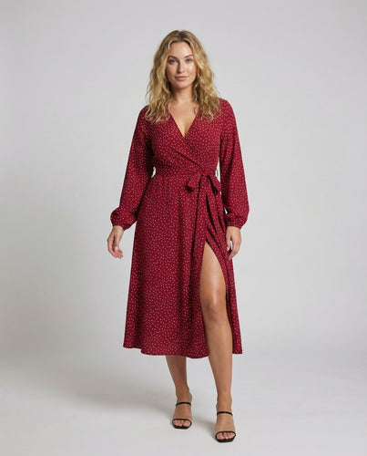 Damen Wickel-Midikleid V-Ausschnitt Ballonärmel