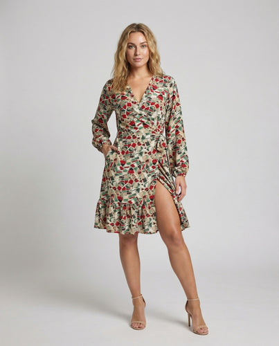 Damen Wickelkleid Mosaikprint Rüschensaum