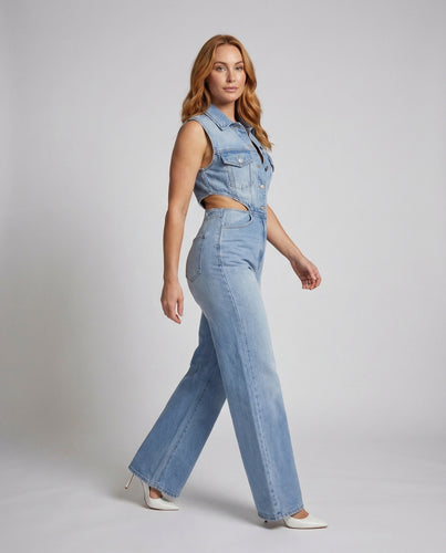 Damen Jeans-Jumpsuit Hemdkragen Weites Bein