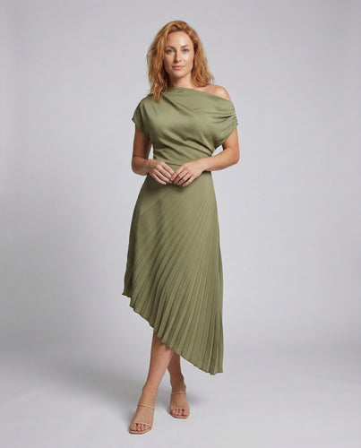 Damen Midikleid Drapierte Schulter Plissierter Rock