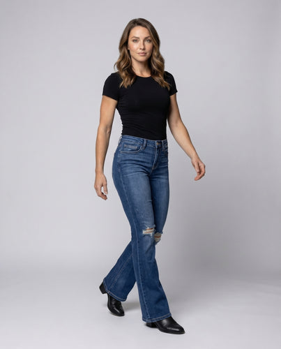 Damen Ausgestellte Stretch-Jeans Knie-Used-Effekt