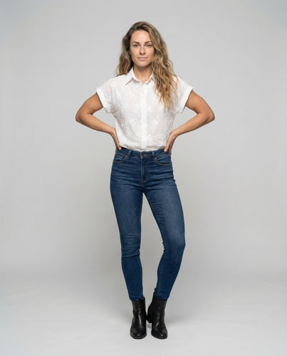 Damen Broderie-Hemdbluse Lochstickerei Kentkragen