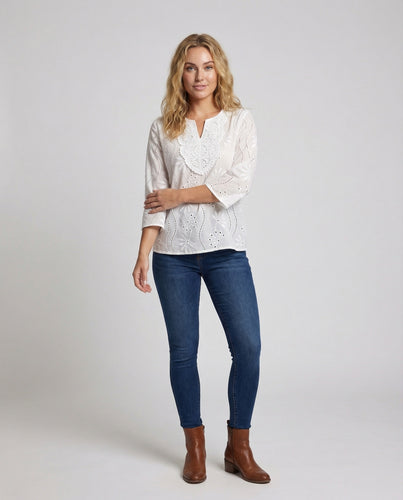 Damen Tunika-Bluse Lochstickerei V-Ausschnitt