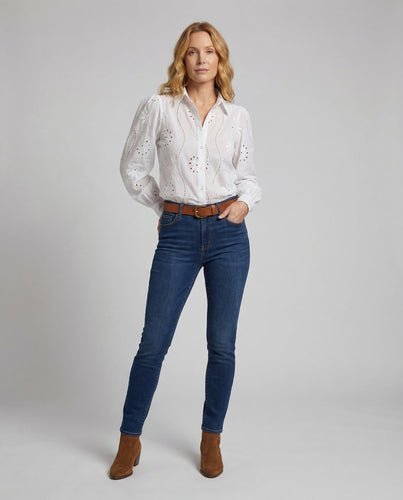 Damen Broderie-Anglaise-Hemdbluse Ballonärmel