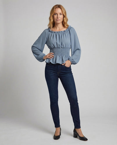 Damen Carmenbluse Chiffon Ballonärmel Volant-Saum