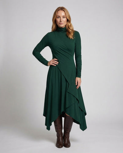 Damen Maxikleid Rollkragen Asymmetrischer Stufensaum