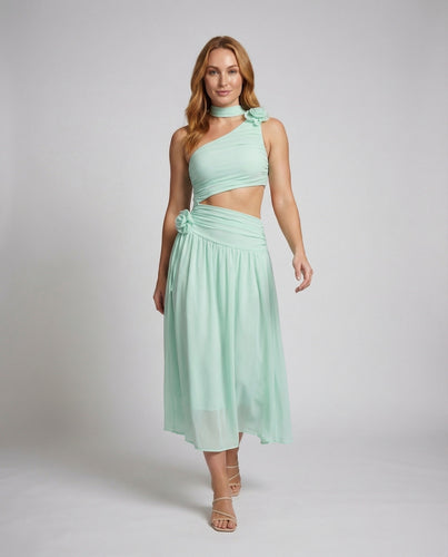 Damen Chiffon-Maxikleid Einschultrig Taillenöffnung