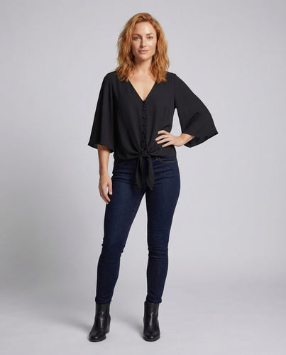 Damen Knotendetail-Bluse Fledermausärmel V-Ausschnitt