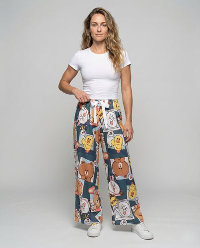 Damen Kimono-Loungehose Kachel-Cartoonprint Satin-Schleife