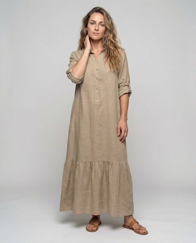 Damen Hemd-Maxikleid Leinenoptik Stufenvolant