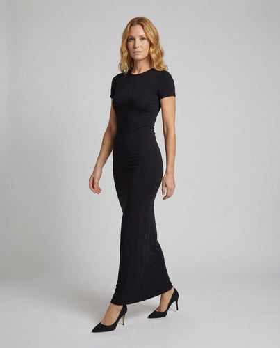 Damen Feinstrick-Maxikleid Kurzarm Rundhalsausschnitt