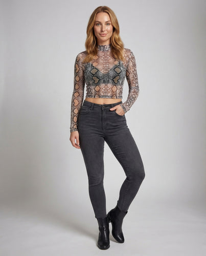 Damen Mesh-Crop-Top Schlangenprint Rollkragen