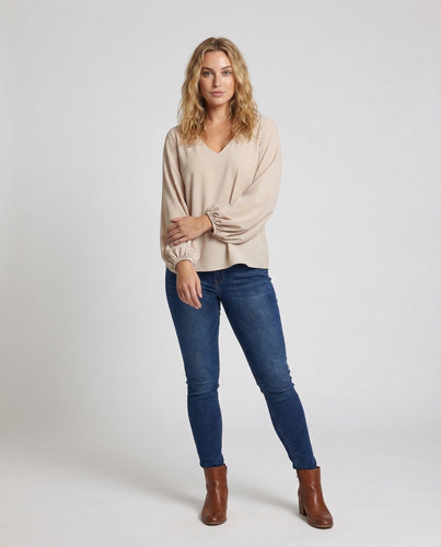Damen Tunika-Bluse V-Ausschnitt Bischofärmel