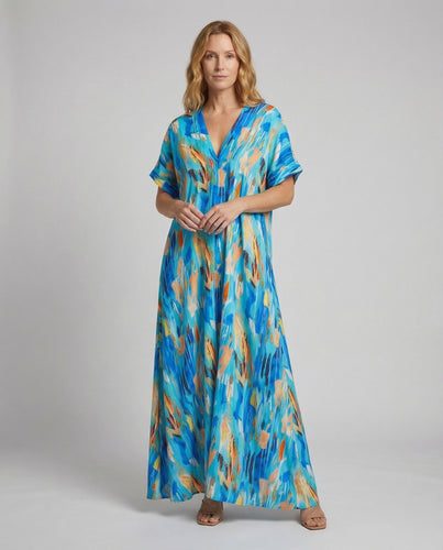 Damen Kaftan-Maxikleid V-Ausschnitt Weiter Saum