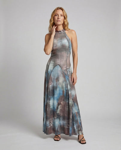 Damen Maxikleid Halterkragen Tellerrock