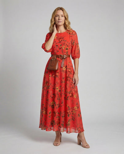Damen Maxikleid Boho-Stil Blousonärmel Schwingrock