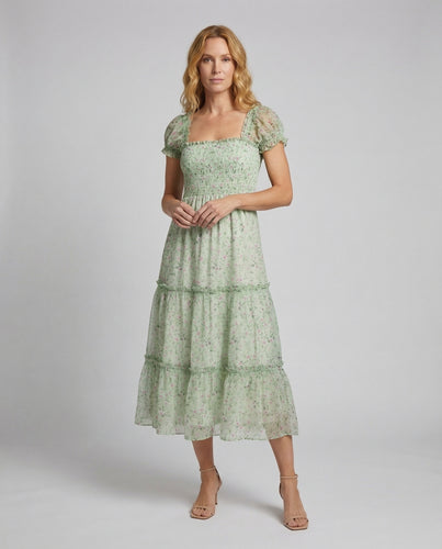 Damen Stufenmidikleid Smokoberteil Chiffonlage