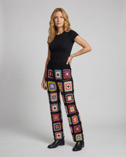Damen Patchwork-Hose Häkelmotive Weites Bein