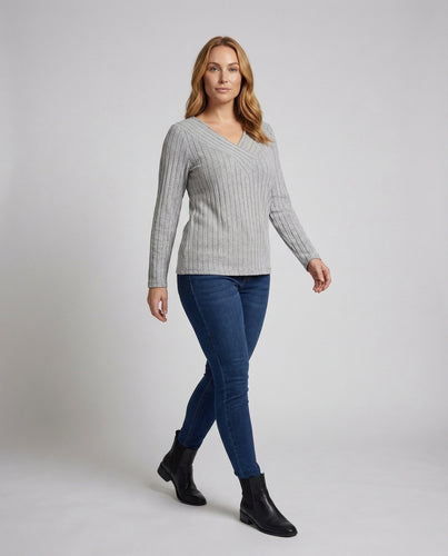 Damen gerippter Feinstrickpullover in Tunika-Länge
