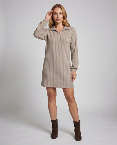 Damen geripptes Strickpulloverkleid mit Stehkragen
