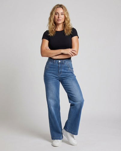 Damen hochgeschnittene weite Denim-Palazzohose