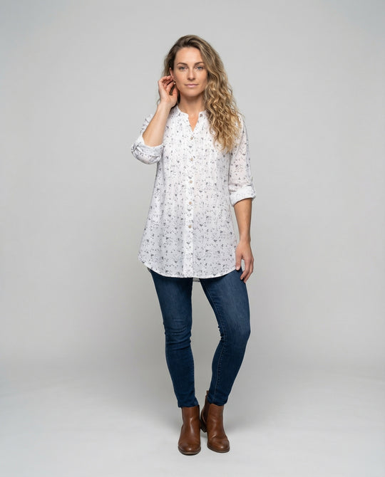 Damen leichte Leinen-Tunika mit floralem Print.