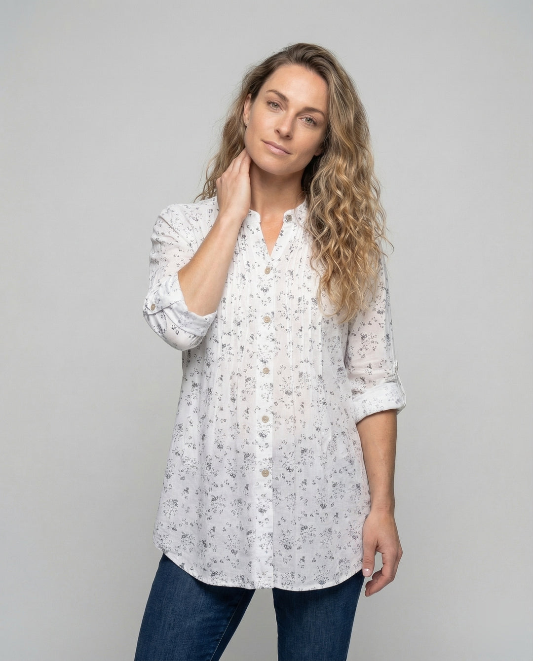Damen leichte Leinen-Tunika mit floralem Print.