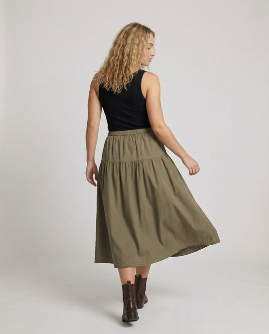 Damen weicher Midi-Stufenrock mit Gummibund