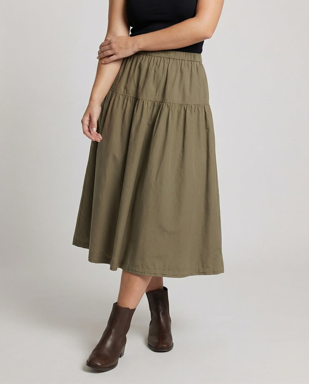 Damen weicher Midi-Stufenrock mit Gummibund