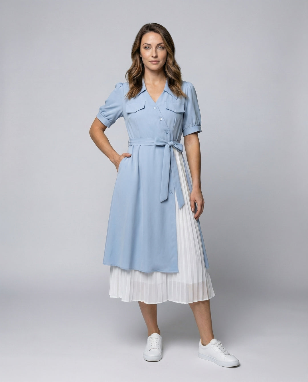 Damen zweilagiges Hemdkleid mit plissiertem Unterrock