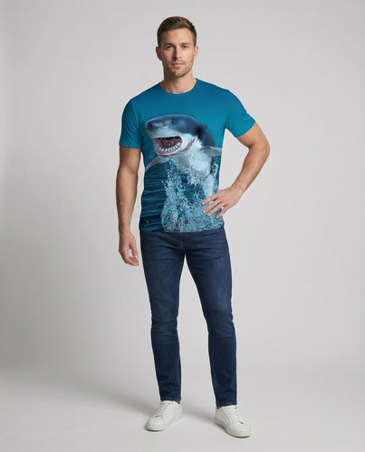 Herren bedrucktes T-Shirt mit Haifisch-Motiv