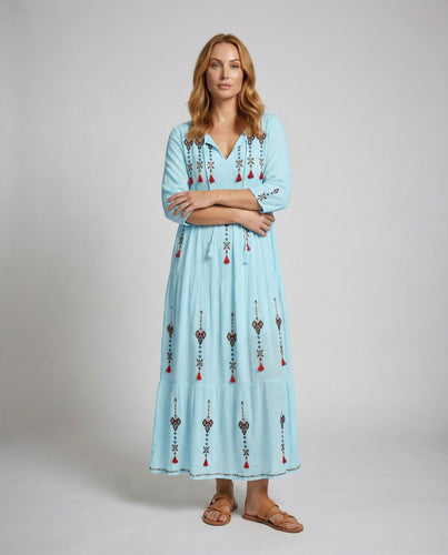 Damen besticktes Maxikleid mit V-Ausschnitt
