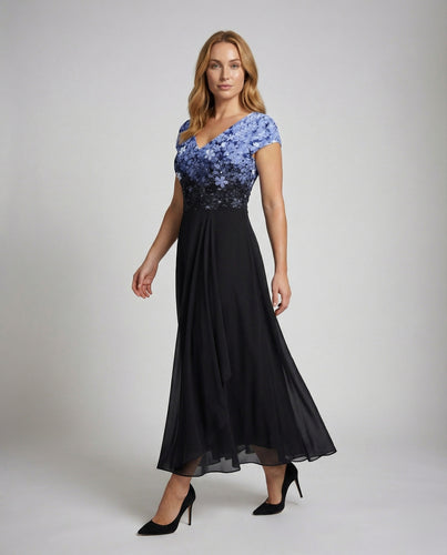 Damen besticktes V-Ausschnitt-Abendkleid