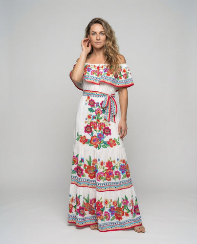 Damen Boho-Maxikleid mit Carmen-Ausschnitt