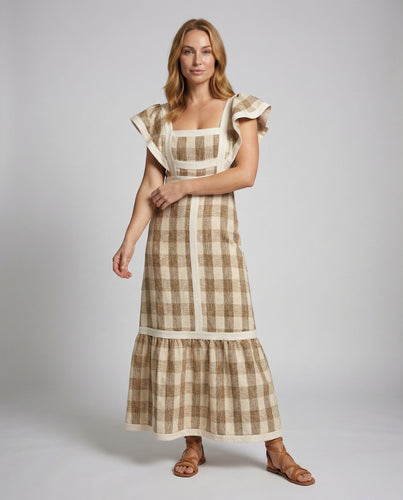Damen kariertes Maxikleid mit Rüschenträgern