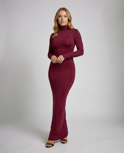 Damen figurnahes Rollkragen-Maxikleid aus Formjersey