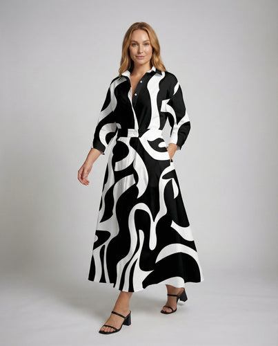 Damen fließendes Maxi-Hemdblusenkleid mit Grafikprint