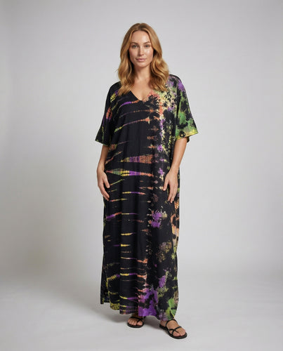 Damen gebatiktes Maxikleid im weiten Kaftanstil