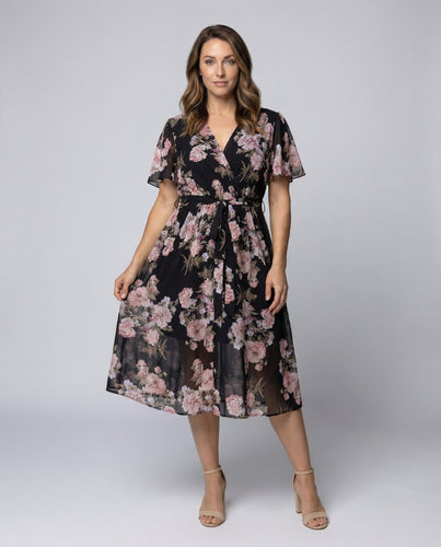 Damen florales Midikleid mit Chiffon-Überrock