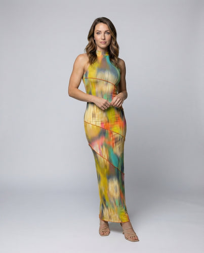 Damen formgebendes Highneck-Bodenkleid aus Jersey