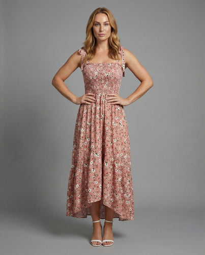 Damen gesmoktes Maxikleid mit Schleifen-Trägern