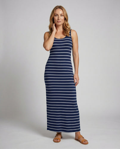 Damen gestreiftes Jersey-Maxikleid mit schmalen Trägern